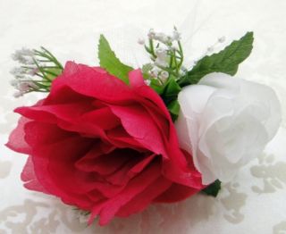 Roses Corsage Fuchsia White Artificial Silk Wedding Flowers Prom Mother Corsage