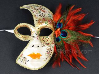 Venetian Full Face Mask Masquerade White Orange Peacock Feathers New Years Prom