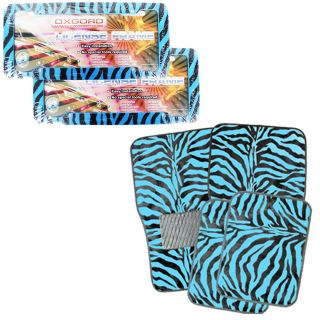 6 PC Blue Zebra Tiger Print Car Carpet Floor Mat Plastic License Plate Frames