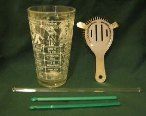 Vintage Federal Glass cocktail shaker mixer with strainer Drink Recipes Glass