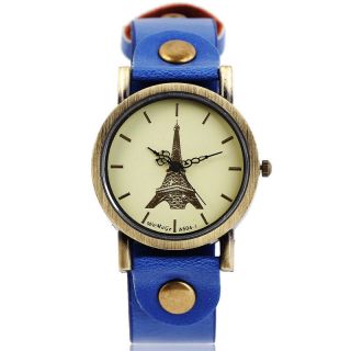 Fashion Paris Tower Blue Leather Nail Band Women Lady Girl Wrist Watch 902 40BB7
