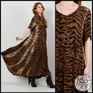 Vintage 90s Tiger Gauze Festival Maxi Dress M Animal Print Stripe Boho Hippie