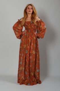 Vintage 70s Bird Print Gauze Poet Sleeve Maxi Dress XS M Rust Boho Hippie Sheer