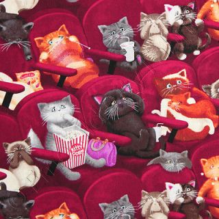 Timeless Treasures Movie Theater Scaredy Cats Wine Red Cotton Quilt Fabric Yd