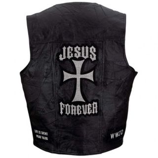 Black Leather Motorcycle Vest Christian Patches Cross Jesus Forever WWJD Large