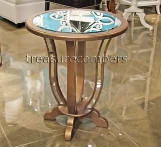 Round Mirrored End Table Nightstand Antiqued Gold Hollywood Regency