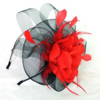 Red Black Flower Feather Hair Clip Top Hat Fascinator Head Band Wedding Party
