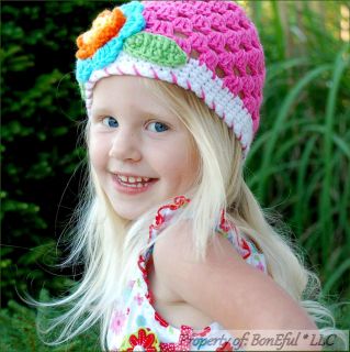 BonEful RTS New Boutique Crochet Knit Pink Color Flower Holiday Girl Spring Hat