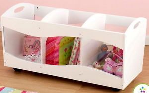 New Kid Room Toy Bin Storage 32" Wide 3 Section Rolling Wood Kids Furniture