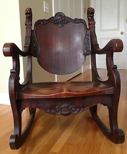 Antique Victorian Mahagony Rocking Chair Griffin or Lion's Head Motif