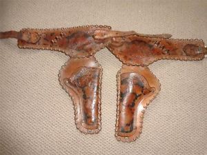 VTG 1950s CHILD LEATHER COWBOY CAP GUN HOLSTERS STUDS HAND TOOLED KIDS TOY