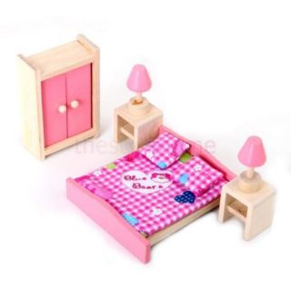 Cute Pink Dollhouse Furniture Wooden Toys Bedroom Set Kids Play Set for Doll