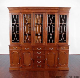 Solid Mahogany Walnut Finish Victorian Breakfront Bookcase Cabinet C123S