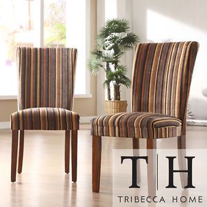 Tribecca Home Parson Brown Stripe Print Fabric Wood Finished Dining Chair Pair