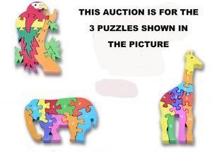 3 Childrens Wooden Jigsaw Puzzle Giraffe Parrot Elephant Traditional Toy Kids