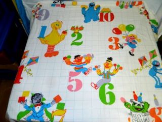 Vtg Sesame Street Muppets Numbers Twin Flat Sheet Fabric Oscar Count Grover