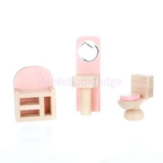 Wooden Doll House Furniture Kid Fun Pretend Toy Bathroom Kitchen Set Miniature