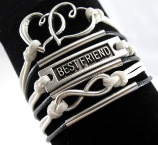 Retro Silver Infinity Best Friend Double Hearts Charm Leather European Bracelet
