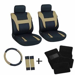 13pc Front Bucket Chair Seat Cover Set Tan Black Wheel Belt Head Floor Mat