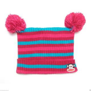 Paul Frank Julius Monkey Square Knitted Striped Pom Beanie Hat for Girls Kids