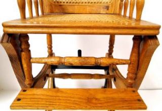 Antique Childs Bay Oak Wood High Chair Crank Rocking Chair w Cane Back Seat Nice