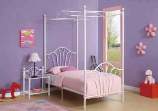 New Elegant Youth Kids Girls White Durable Metal Princess Twin Canopy Slats Bed