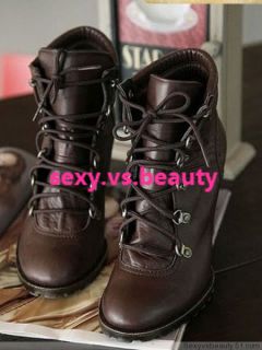 T1 Fashion Sexy Korean Lady Women Lace Up Military Heels Ankle Boot Shoe Brown
