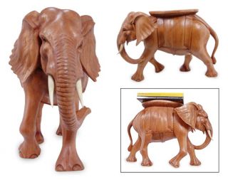 Elephant Stand Artisan Sculpture Table Hand Carved Wood Art Stool Accent Chair