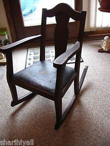 Antique Child's Wooden Rocking Chair Rocker Oak Original Finish Leather Seat