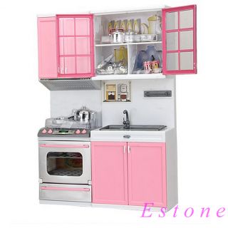 Red Pink Kids Kitchen Pretend Play Cook Cooking Set Cabinet Stove Fun Toys