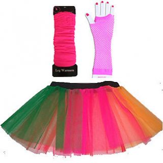 Neon UV Tutu Gloves Leg Warmers Beads Set Fancy Dress 1980s Costume Dance