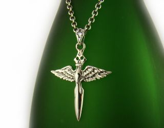 Mens Sterling Silver 925 Angel Wings Cross Sword Pendant Necklace Set P176SC