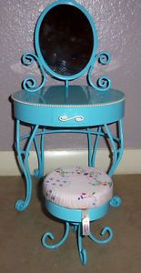 Retired American Girl Doll Blue Metal Vanity Table Mirror Chair Pleasant Co