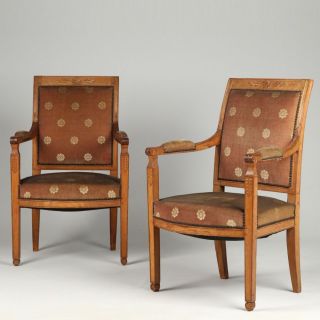 Pair of French Charles x Antique Fauteuil Chairs Velvet UPH Early 19th Century