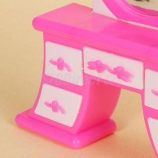 Pink White Dollhouse Bedroom Furniture Dressing Table Chair Set for Barbie Doll