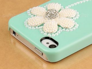 Cute Mint Green Crystal Rhinestone Pearl Flower Hard Case for iPhone 4 4S Film