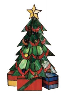 Meyda Tiffany 16"H Stained Glass Christmas Tree Lamp Figurine Lighted Sculpture