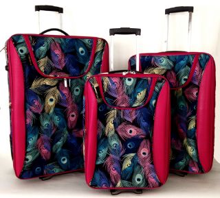 3pc Luggage Set Travel Bag Rolling Wheel Carryon Expandable Upright Peacock Pink