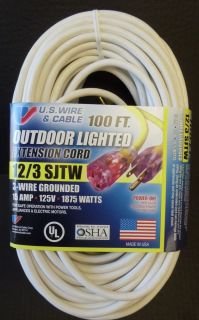 100' 12 Gauge Heavy Duty White Extension Cord w Lighted End