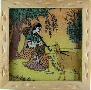 Indian Woman Painting with Deer Musical Instrument Art