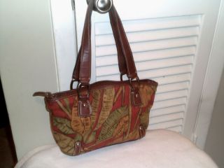 Fossil Multicolored Leaf Design Brown Leather Trimmed Purse