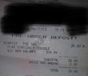 PS4 Pre Order Receipt PlayStation 4