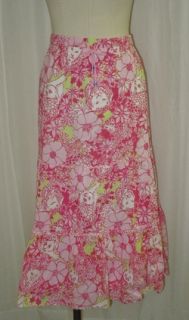 Lilly Pulitzer Pink Chesterfield Print Cotton Tiered Mid Calf Skirt L