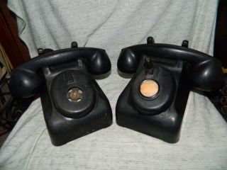 Vintage Pair Leich Black Hand Crank Telephones Desk 901B Bakelite