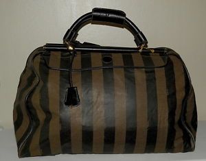 Auth Fendi Striped Extra Large Zippered Satchel Tote Bag Travel Case Luggage