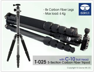 Sirui T025X 5 Section Carbon Fiber Tripod with C 10 Ball Head Camer Flash T300