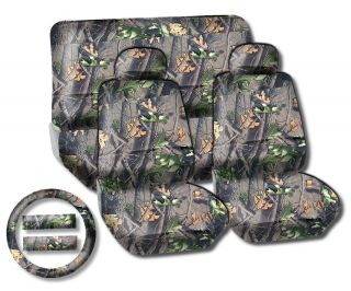 Camouflage Car Seat Covers Mossy Forest Camo Front Rear Bench Steering Wheel