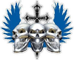 3 Skulls Cross Blue Wings Decals Stickers Motorcycle Bike Auto Car Truck SUV