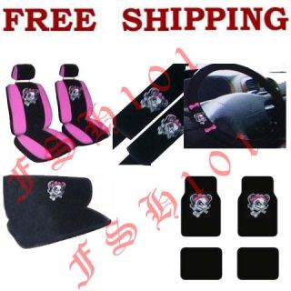 New 15pc Set Lady Skull Front Back Seat Covers Steering Wheel Cover Floor Mats