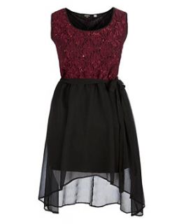 Koko Black and Red Lace Sequin Dip Hem Dress